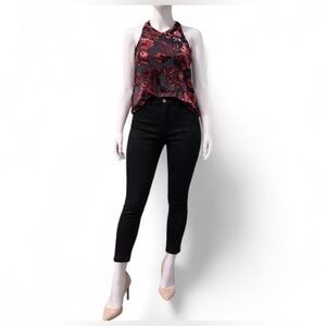 Semi-sheer halter-style top w/light and dark velvet maroon rose detail.